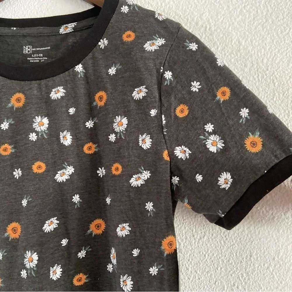 Floral Ringer Tee Charcoal Short Sleeve Girls Juniors Crop Large (11-13) NEW - Picture 5 of 16